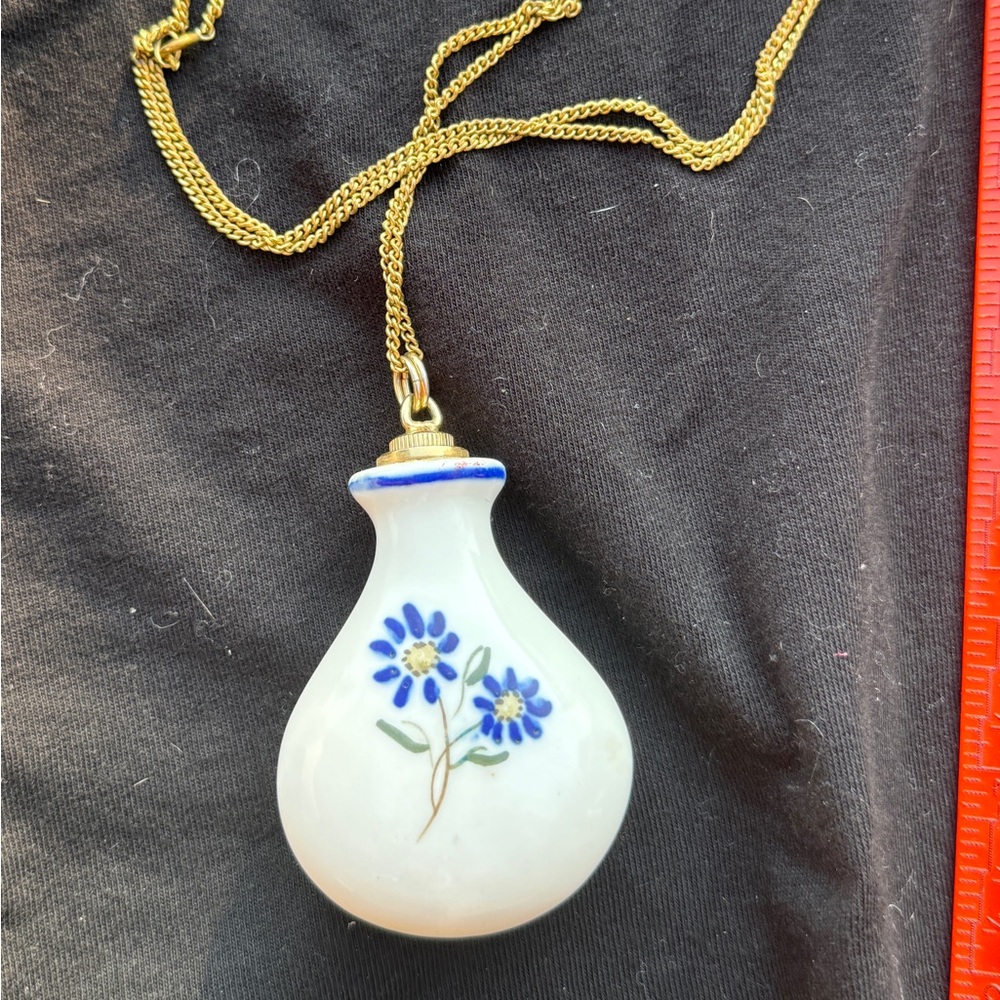 Floral Porcelain Pendant Necklace with Gold Chain